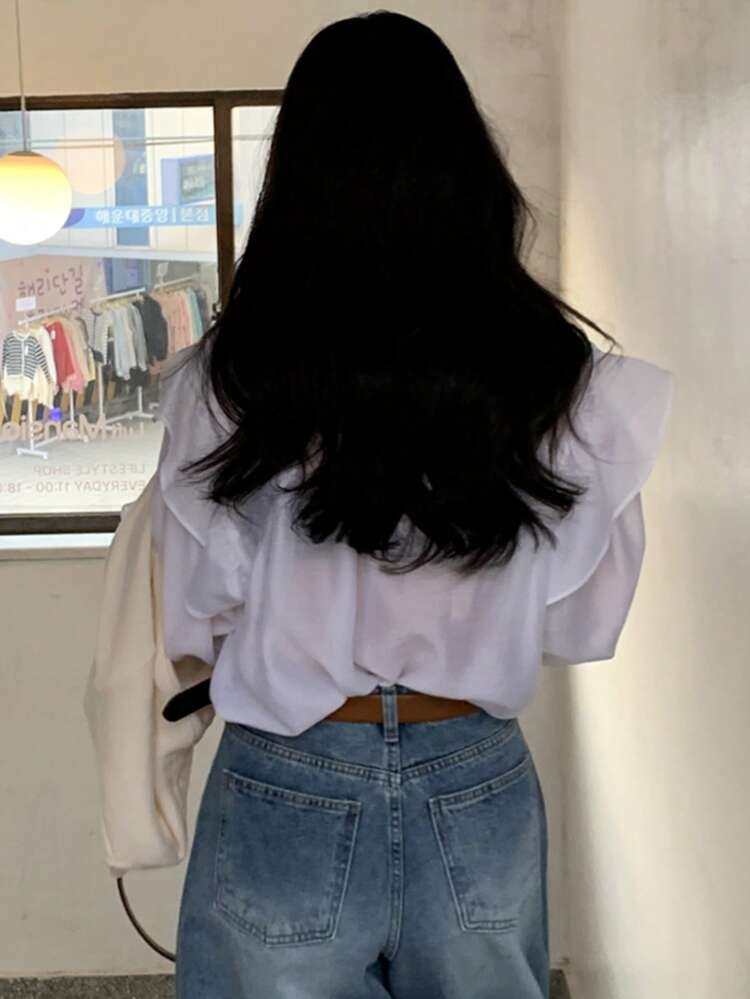 Stand Collar Bowknot Sheer Ruffle Lantern Sleeve Tie Waist Long Sleeve Blouse For Women,Fall Women Clothes Vacation