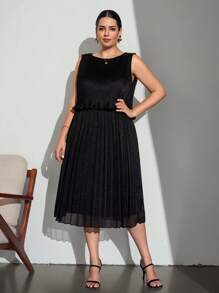 Chikora Vestido de trabajo elegante con pliegues de unicolor para mujer de talla grande, atuendos de maestra para mujer, atuendos de maestra de talla grande, atuendos de maestra, casual de negocios para mujer, atuendos de oficina para mujer, ropa de trabajo para mujer, atuendos de trabajo para mujer, ropa de oficina para mujer, vestimenta de oficina para mujer, casual de negocios para mujer, ropa de oficina, falda plisada - Negro - Ver 3
