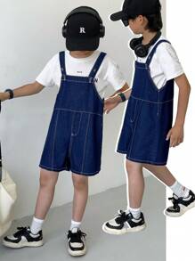 SHEIN Tween Boy Navy Blue Denim Loose Fit Bib Shorts