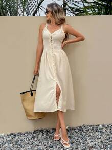 SHEIN Frenchy Women's Solid Color Contrast Lace Single-Breasted Maxi Slip Dress Summer Casual - Apricot - View 1