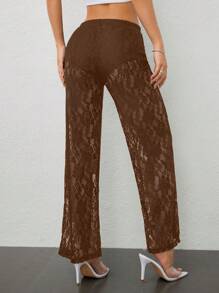 SHEIN PETITE 女式纯色蕾丝透视长裤 - 棕色 - 查看 3