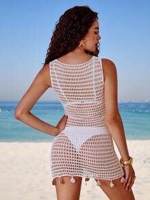 Swim Vcay Women's Solid Crochet Round Neck Sleeveless Mesh Beach Coverup Dress, Casual Vacation Elegant Boho Style With Shell Decor For Summer - White - View 4