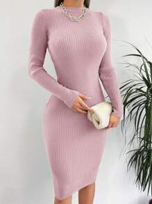 EURMUSE Jednolity Kolor Dopasowana Elegancka Sukienka Sweterowa Z Długim Rękawem