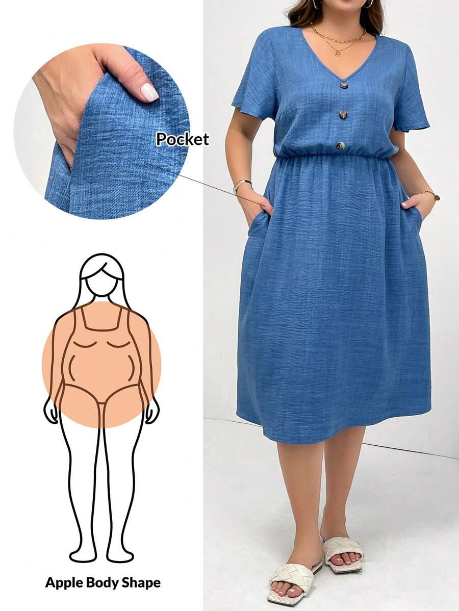 SHEIN Essnce 大码女装春夏时尚休闲宽松舒适日常百搭修身V领短袖收腰蓝色中长款带口袋连衣裙，欧洲夏季，女士教师装，太阳裙，简约风格 - 藍色 - 查看 1