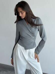Aloruh 1pc Elegant Commuter Bowknot Cinched Waist V-Neck Minimalist Gray Long Sleeve Blazer, Versatile In Fall/Winter