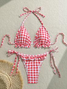 Soleia Bohemian, Boho, romantischer Blumen, Urlaub, Blumen 2-teiliges Damen Gingham Muster Spitze Patchwork Schleife Dekor Badeanzug Set für den Urlaub, süß, Kawaii Off-Shoulder Weihnachts-Oberteil für Schulrückkehr-Outfits Frauen, Schulrückkehr Frauenkleidung für den Herbst, Goth Frauenkleidung, Club-Outfits für Frauen, sexy Halloween-Kostüme, Ausgehoutfits, Konzertoutfits, Country-Konzertoutfit