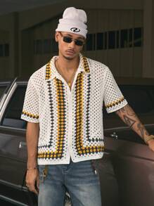 AXEPEAK Geometric Print Hollow Out Single-Breasted Knit Polo Shirt For Men, Summer, Streetwear Ready - Multicolor - View 5