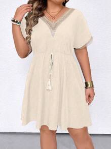 SHEIN LUNE Plus Size Women Contrast Lace Bat Sleeve Waist Tied Summer Dress