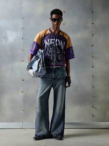 NEON BLANC Quần Jeans Denim Dài Thêu Khối Màu Dáng Rộng Phong Cách Đường Phố Cho Nam - Màu xanh lam - Xem 1