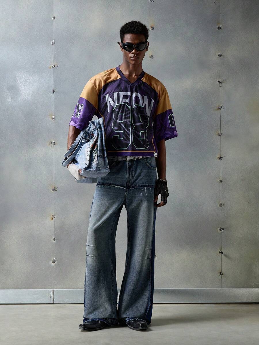 NEON BLANC Quần Jeans Denim Dài Thêu Khối Màu Dáng Rộng Phong Cách Đường Phố Cho Nam - Màu xanh lam - Xem 1