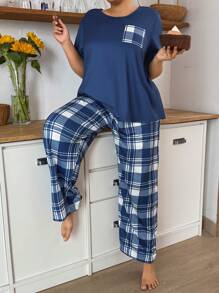 SHEIN Plus Size Women Casual Plaid Pattern Print Top & Pants Pajama Set, Outfits - Blue - View 6