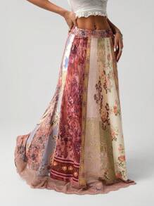 SHEIN X Scot Louie SHEIN ICON 女式复古拼布印花A字下摆休闲蕾丝拼布长裙 - 彩色 - 查看 3