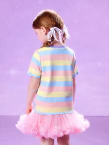 Pop Mart Azura X SHEIN Young Girl Cartoon & Striped Pattern Casual Sweet Cute Short Sleeve T-Shirt