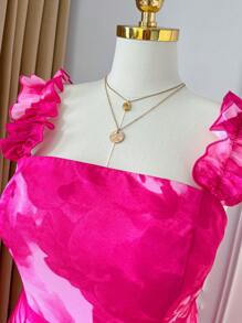 Celure Plus Size Square Neck Spaghetti Strap Ruffle Hem Elasticized Waist A-Line Maxi Dress, Elegant Holiday Colorful Tie Dye Pattern, Suitable For Spring/Summer