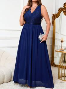 SHEIN Clasi Plus Size Women's Elegant Royal Blue Wedding Guest Dress,Autumn Formal V-Neck Lace Wave Edge Sleeveless A-Line Flowing Chiffon Long Dress - Navy Blue - View 3