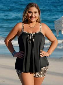 Swim Lushoire Bộ đồ bơi bikini thắt nút họa tiết hình học cỡ lớn cho nữ, kỳ nghỉ hè ở bãi biển - Nhiều màu - Xem 4