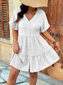 Breezaya Plus Size V-Neck Textured Drop Shoulder Ruffled A-Line Midi Dress Women Plus Sun Dress Women Short Dresses Summer Women Summer Clothing Women S White Dress Work Summer Dresses