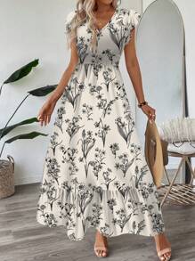 SHEIN LUNE Vestido largo acampanado con volantes florales fruncidos, mangas cortas, cintura ceñida y bajo con volantes. Estampado de leopardo vintage. Estilo informal, ideal para vacaciones de verano. Ideal para primavera/verano. Ropa bohemia. Vestidos de verano para mujer.