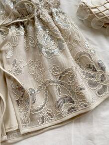 Soleia 女士度假浪漫串珠刺绣 V 领系带无袖上衣，节日派对/约会之夜/下午茶上衣，适合派对、约会、婚礼季、海滩、游轮、音乐节、波西米亚风度假