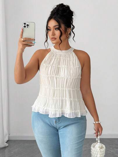 Elenzga Plus Size Textured Chiffon Women's Camisole, Summer Spring Beach Vacation Countryside Natural Boho Elegant Summer Clothes Women Clothes Women Summer Shirts Women Summer Sets Women Plus Clothing Formal