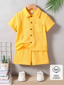 SHEIN Vintaside Kids 2 pezzi Set composto da camicia a maniche corte e pantaloncini in stile college casual in cotone per ragazzi, adatto per uso quotidiano, scuola, uscite, primavera/estate