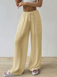 SHEIN EZwear 时尚休闲杏色女式宽松打结裤 - 杏色 - 查看 3