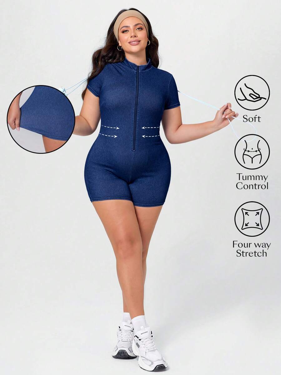 SHEIN Essnce Plus Size Knitted Denim Jumpsuit, Vacation Text, Tight & Stretchy