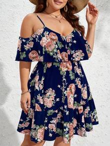 SHEIN VCAY Váy hở vai in hoa cỡ lớn - Màu xanh hải quân - Xem 3