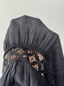 Elenzga Elenzga Women's Summer V-Neck Waistline Embroidered Lace Trim Design Shirt, Front Tie Detail, Flare Cuffs & Hem, Hollow Waist Pleated Sheer Elegant Mid-Length Blouse, Suitable For Everyday & Casual Wear