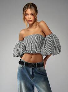 MISSGUIDED Gingham Puff Sleeve Bardot Crop Top Ruffle Hem Summer Off Shoulder Festival Brunch Vacation Boutique Fashion Statement - Black - View 6