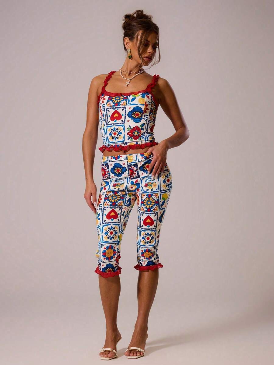 MUSERA Contrast Frill Fitted Print Capri Pants Co Ord Bottom Only Summer Cute Vacation Holiday Festival Sexy Elegant La Fruita - Multicolor - View 1