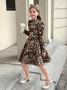 SHEIN Serisse Kids Tween Girl 优雅经典豹纹立领羊腿长袖 A 字裙，适合秋冬秋冬季，适合日常休闲穿着 - 棕色 - 查看 10