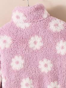 SHEIN Young Girl Young Girl Young Girl Colorful Flower Pattern Stand Collar Long Sleeve Zip Up Mock Neck Thermal Teddy Jacket , Fleece Cardigan ,Warm & Comfortable ,Great For Casual & Daily Wear & School Daily In Autumn & Winter,For Christmas ,Pink Fall - Purple - View 5