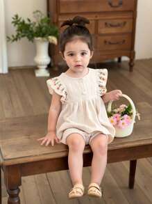 SHEIN Vintaside Kids Summer Baby Girls 2pcs Outfit Set, Toddler Chic Embroidered Floral Trim Blouse And Shorts, Summer