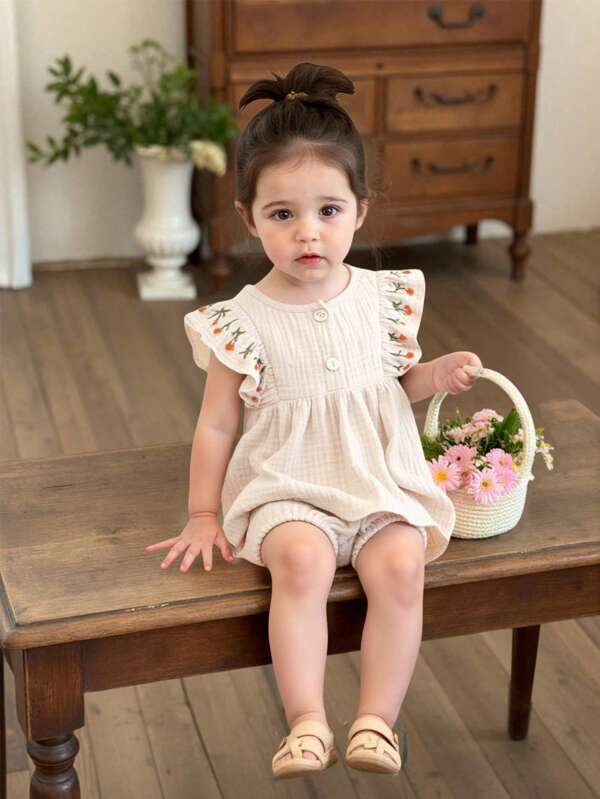 SHEIN Vintaside Kids Summer Baby Girls 2pcs Outfit Set, Toddler Chic Embroidered Floral Trim Blouse And Shorts, Summer