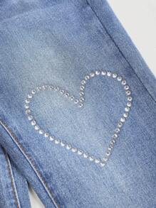 Girlism 千禧少女春夏度假水洗优雅高腰爱心水钻弹力喇叭牛仔裤，适合少女夏季海滩波西米亚风度假、夏季音乐会、音乐节、休闲派对、夏季早午餐、教堂毕业典礼、街头风、返校季等场合。 - 中等水洗藍 - 查看 4