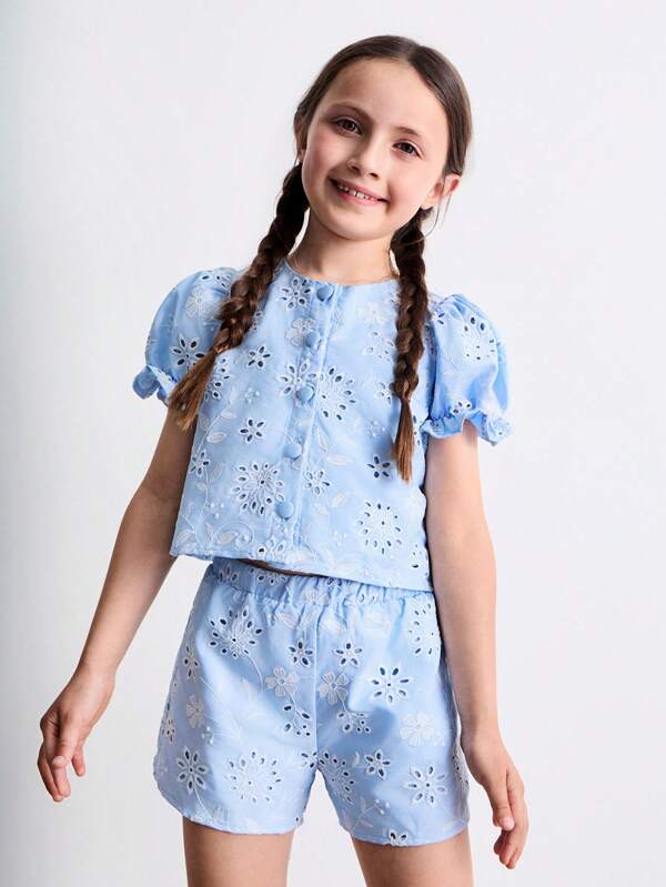 THE HAPPY LOOK Seturi de cămașă și pantaloni scurți cu mânecă scurtă și volane brodate pentru fete tinere