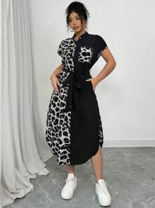 Elenzga Gaun Wanita Ukuran Besar Elegan Motif Leopard dengan Kerah Kemeja, Lengan Raglan, Pita Ikat Sendiri, dan Kancing Kayu, Desain Kasual Serbaguna untuk Klub Musim Semi/Panas - MultiWarna - View 5