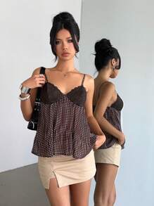 Áo ba lỗ chấm bi ren vá thanh lịch dành cho nữ, mùa hè - Cà phê nâu - Xem 4