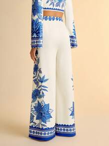 CAJUNI Women's Casual Retro Printed Blue And Beige Loose Wide-Leg Pants For Vacation - Multicolor - View 2