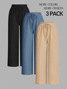 SHEIN PETITE 女款三件套纹理阔腿裤 黑色+白色+绿色 - 彩色 - 查看 1