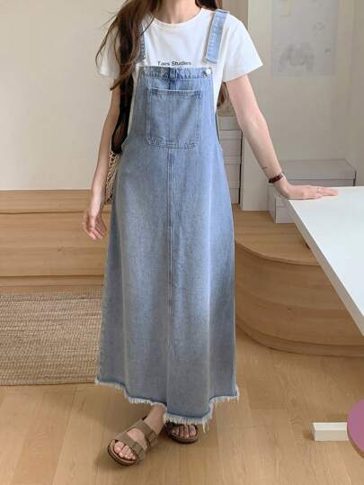 DAZY Women's Casual Denim Pinafore Dress With Pocket & Frayed Hem Design,Back To School Clothes
