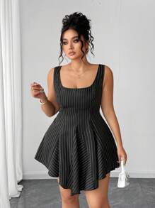 Elenzga Plus Size Women Black & White Striped Square Neck Patchwork Asymmetric Hem A-Line Dress, Romantic & Elegant, Suitable For Summer - Black - View 3
