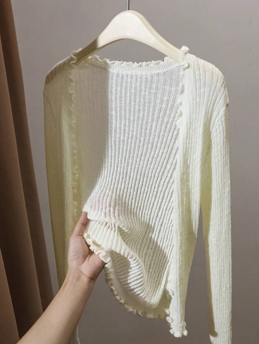 Women Casual Plain Ribbed Long Sleeve Frill Trim Cardigan Sweater Fall Cloth For Women - White - View 1
