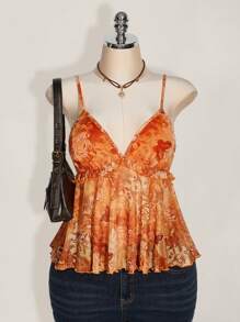 SHEIN ICON Áo ba lỗ in họa tiết cây cối cỡ lớn cho phụ nữ trong kỳ nghỉ, áo Rave - trái cam - Xem 1