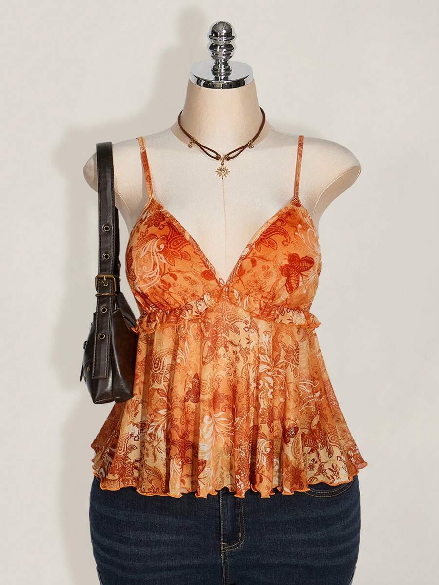 SHEIN ICON Áo ba lỗ in họa tiết cây cối cỡ lớn cho phụ nữ trong kỳ nghỉ, áo Rave - trái cam - Xem 1