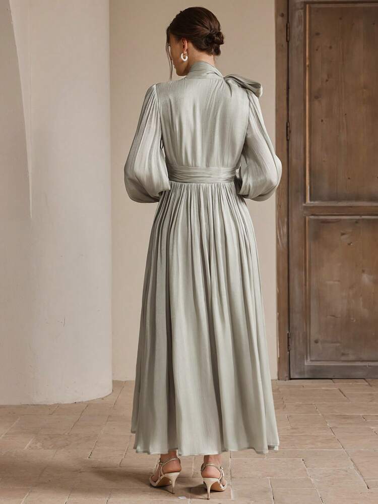 Women's Long Grayish Green Dress, Pleated Waist, Shiny Fabric, Elegant & Versatile, Spring/Autumn