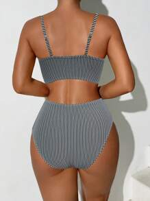 SHEIN Swim Women Striped Ruffled Sexy Bikini Set, Summer Beach Swimwear - Black and White - View 2