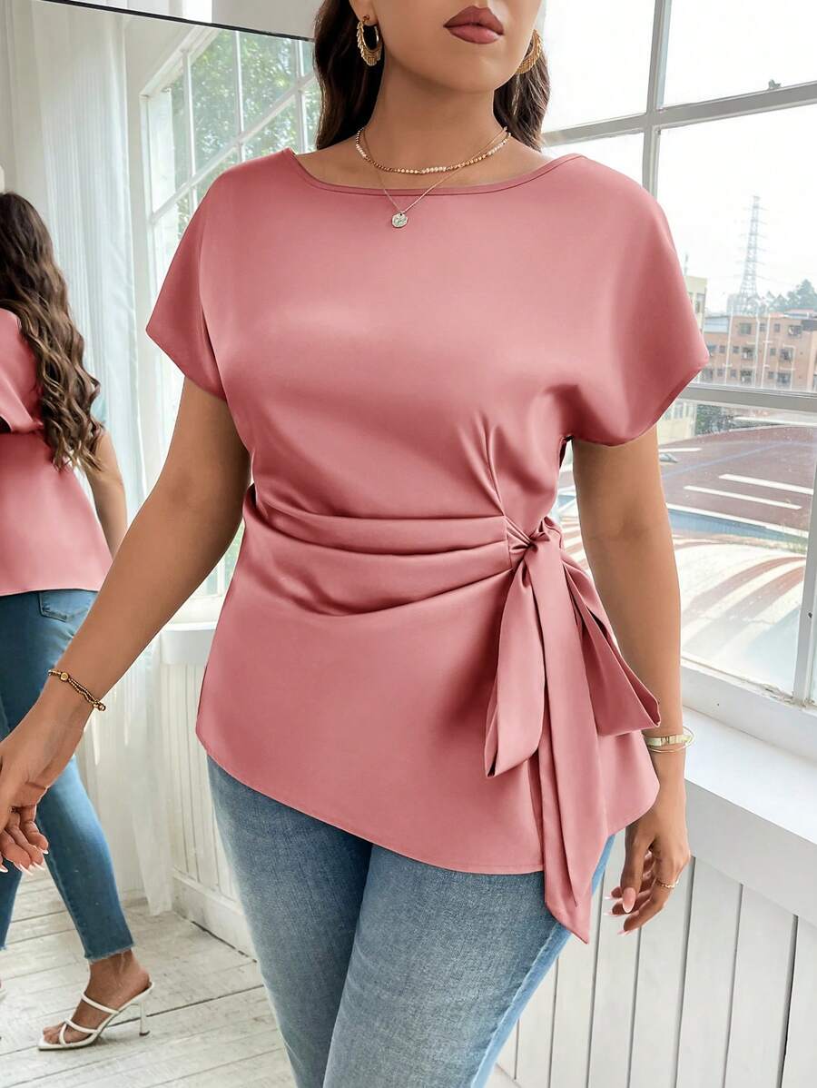 Reflora Femmes grande taille Couleur unie Encolure ras-du-cou Manches courtes chauve-souris Nœud devant Top de sortie pour femmes, Décontracté professionnel Femme Saint-Valentin - Vieux Rose - Voir 1
