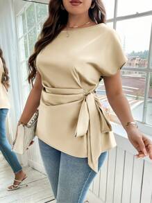 Reflora Plus Size Solid Color Ruched Drawstring Crew Neck Short Sleeve Blouse,Going Out Tops Women - Apricot - View 6